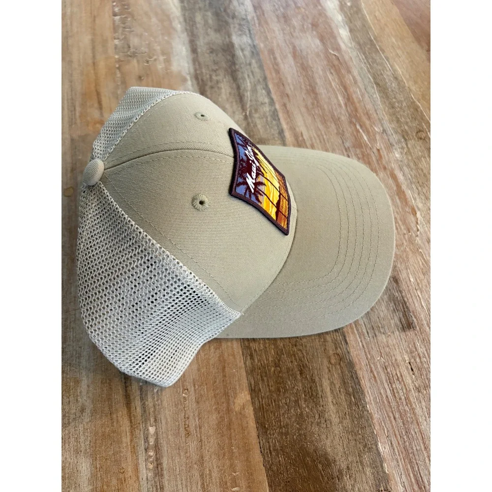 Maui Jim Tan Khaki Mesh Trucker Hat Sunset Palm Tree Patch Adjustable Cap Unisex